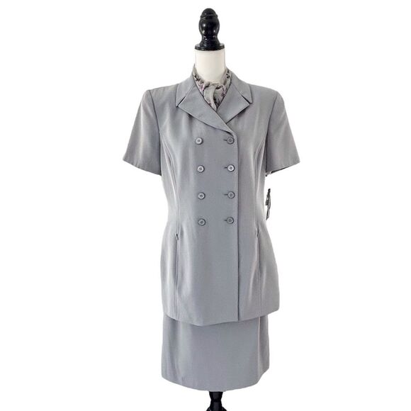 Kasper for ASL Vintage Gray Short Sleeve Double Breasted Skirt Suit Size 12 - Picture 2 of 15